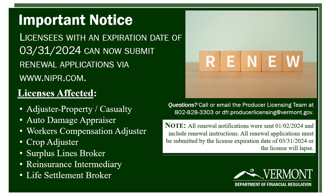 Dark-green background with white letters stating important notice; includes picture of wooden scrabble letter tiles with white letters spelling renew 