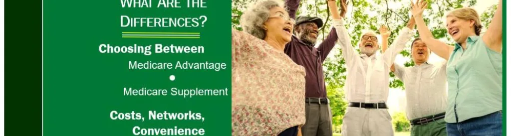 Color photo of group of older men and women with hands raised in joy under a tree with title of page