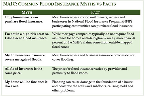 Table - green and white - of myths and facts about flood insurance; 2-columns wide and five rows