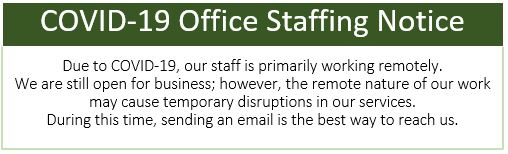 Staffing Notice Box: reverse type (green with white text), stating that emailing is the best way to reach staff due to COVID-19