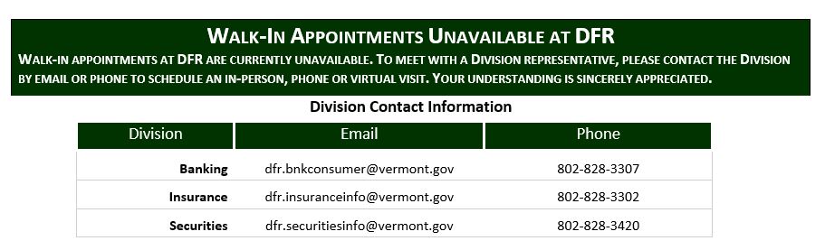 Table text: title with white font dark green shade in rows; five rows with division names and emails and phone numbers